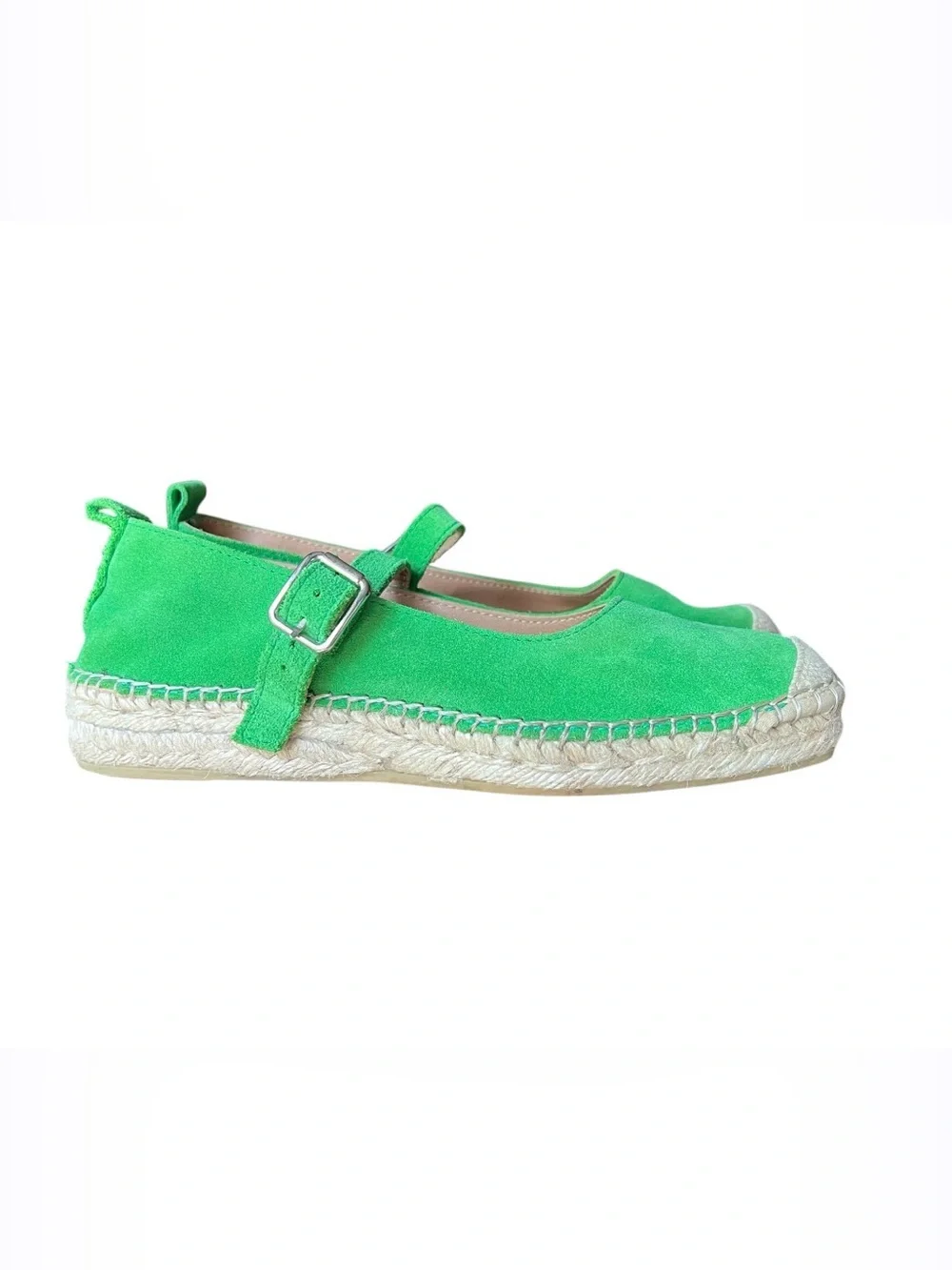 FABIOLAS Handmade In Spain Green Suede Mary Jane Espadrille Flats Size 38 US 7.5
